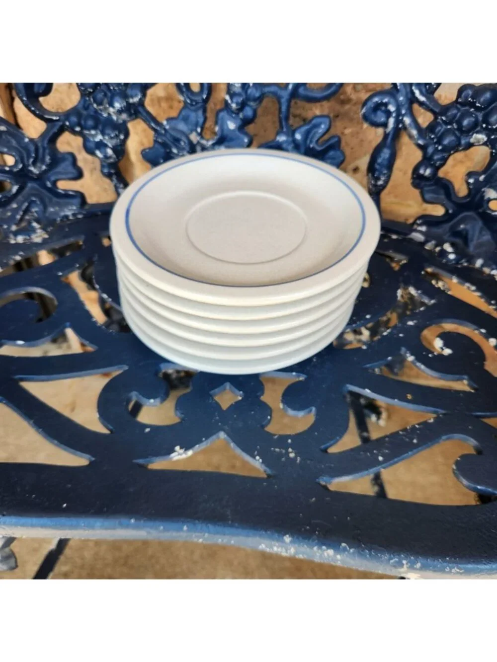 Set Of 6 Vintage Pfaltzgraff Saucers With Blue Trim Stoneware White